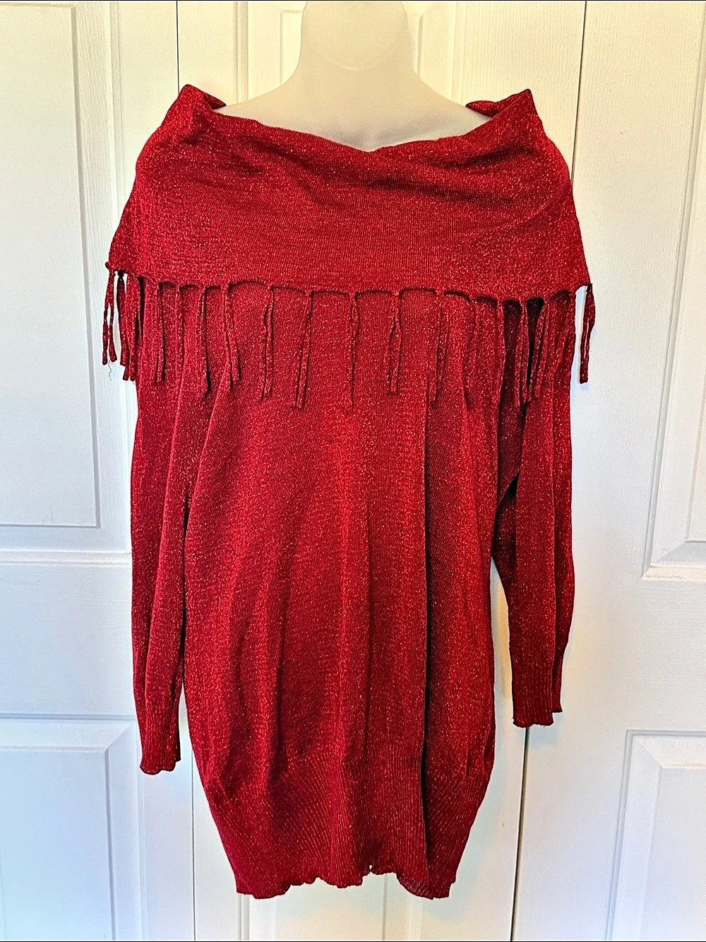 Studio Works Fringe Knit Sweater in Red Metallic Sz L Like New b57